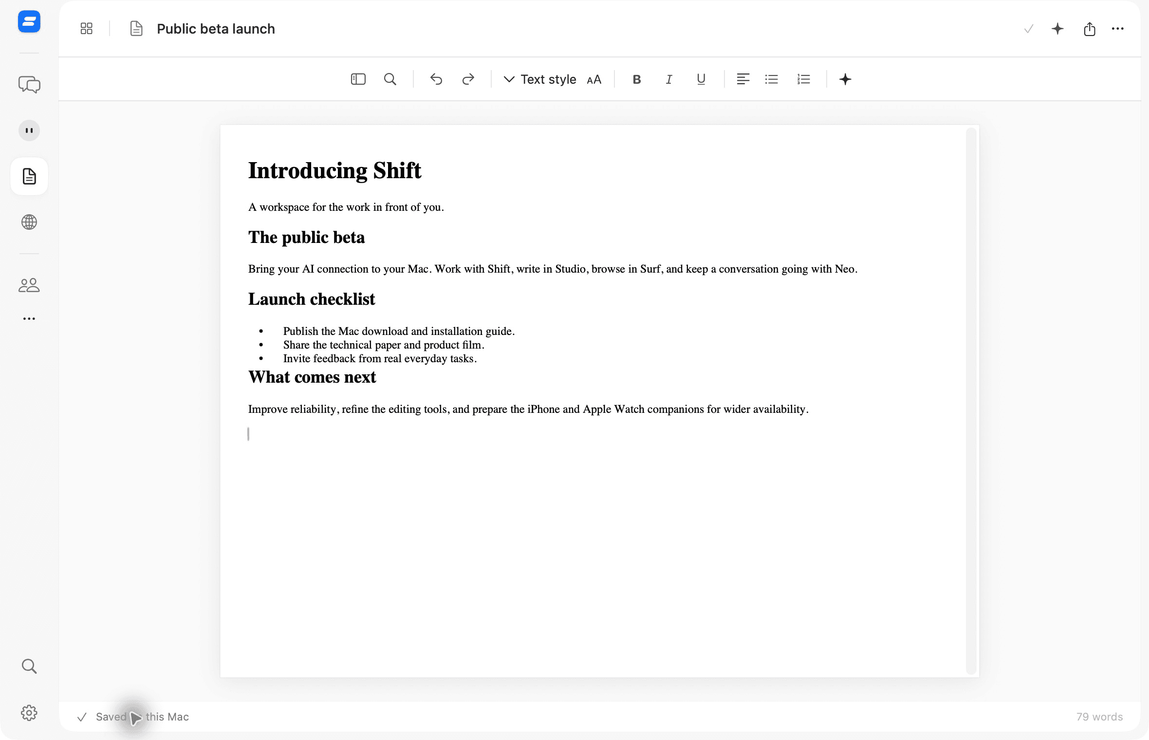 Studio in the Shift Mac app